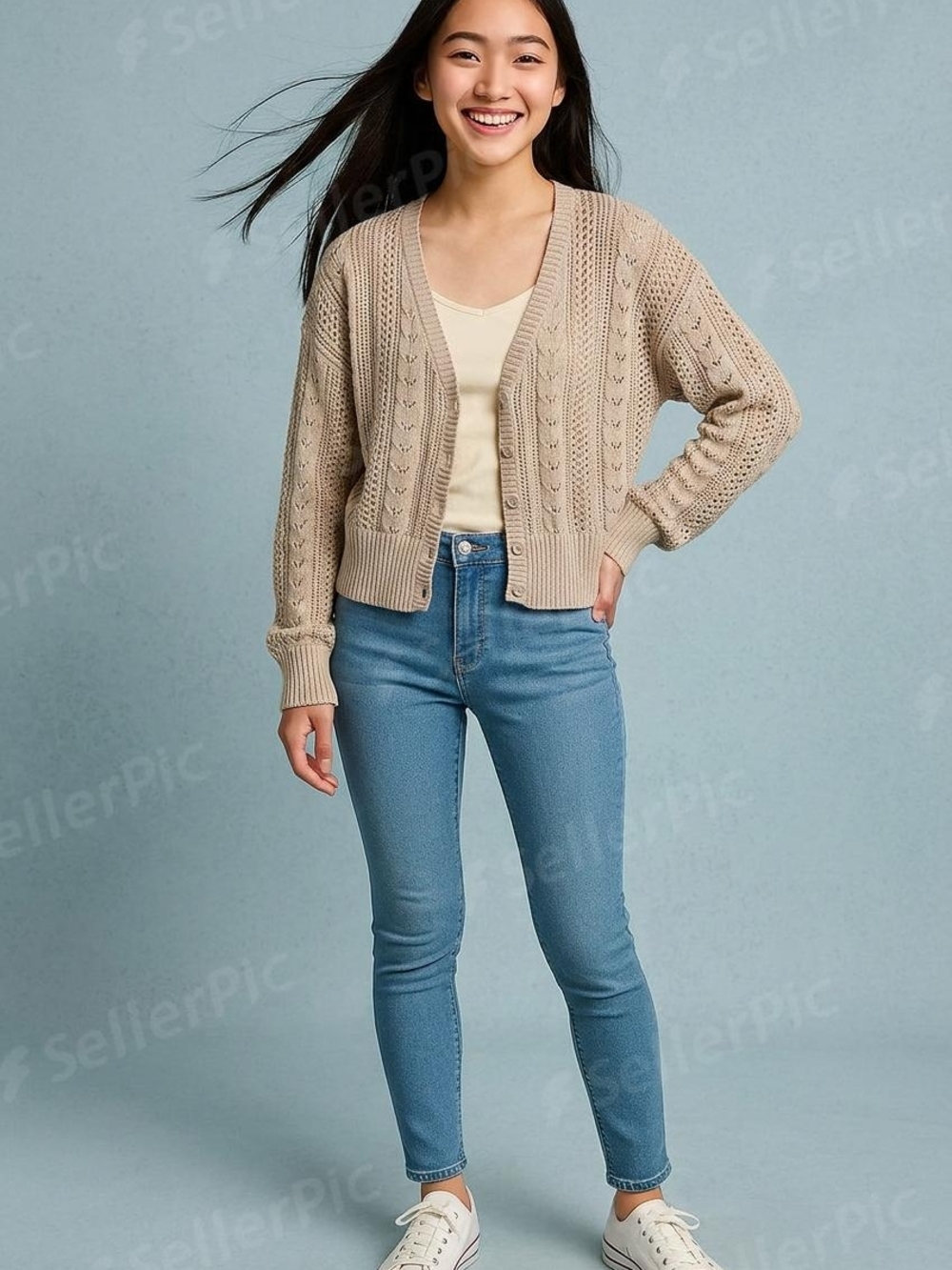 Hollister Taupe Brown Openwork Knit Cardigan Button Down M